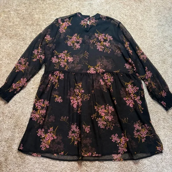 Who What Wear Women's Chiffon Mini Dress Long Sleeve Black Floral Ruffle Trim 2X - Picture 3 of 6
